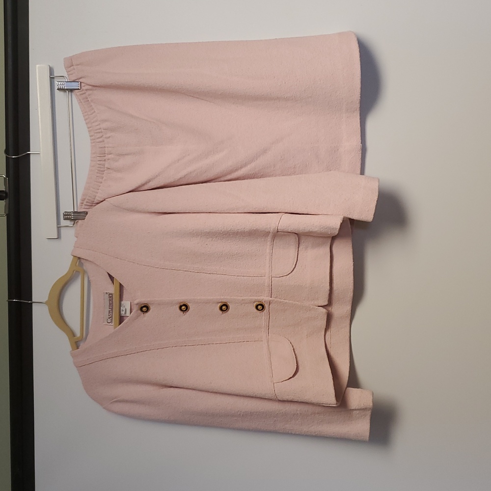 Vintage Castleberry Pink Knit Skirt Suit Set 2pc Button Chanel Style Size 12 - Picture 9 of 13